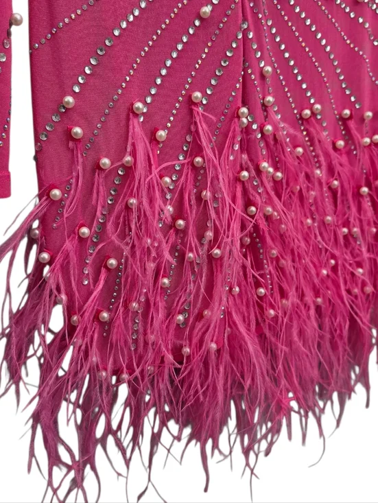 Nwt House Of Maguie Hot Pink Longsleeve Rhinestone,feathers & pearls Party Dress - Picture 14 of 16